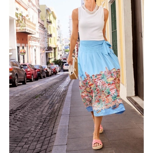 Talbot's Poplin Fit Flare Skirt Scenic Riviera Sash Belt Midi Beach Print 4 NWT - Picture 1 of 11